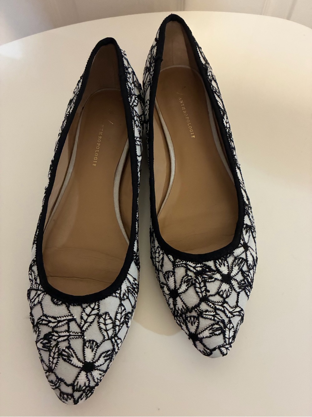Anthropologie Black & White Embroidered Pointed Ballet Flats